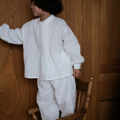 thetree树 法式古董亚麻套装儿童复古打褶长袖衬衫+长裤两件套春