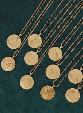 新款时尚百搭十二星座镶钻吊坠星图款项链设计金属质感秋冬毛衣链