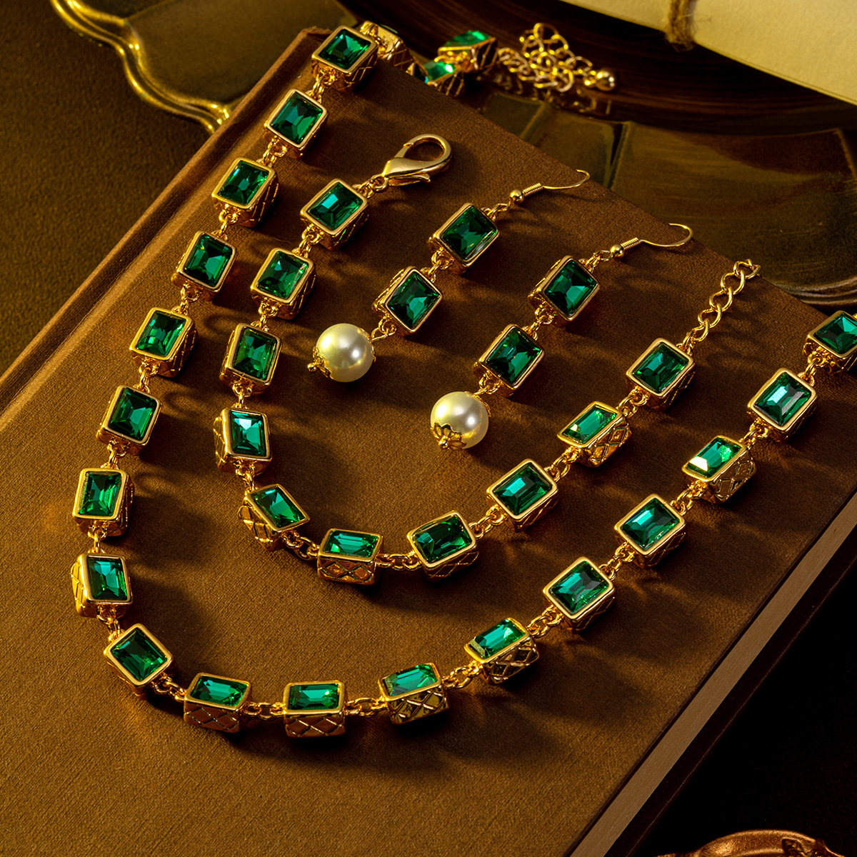 中古vintage饰品套装方糖祖母绿方形玻璃水晶项链手链轻奢耳钉