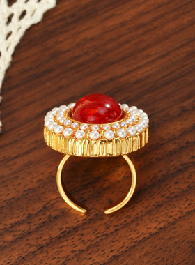 中古vintage宫廷风戒指女珍珠红色时尚百搭轻奢文艺复古手饰饰品