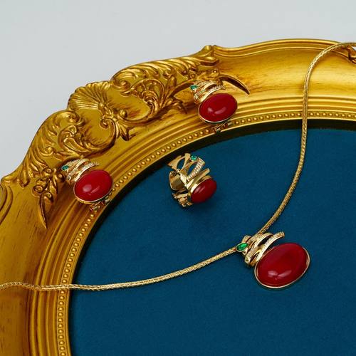 中古vintage复古轻奢项链耳钉戒指套装新年红色宴会宫廷法式饰品