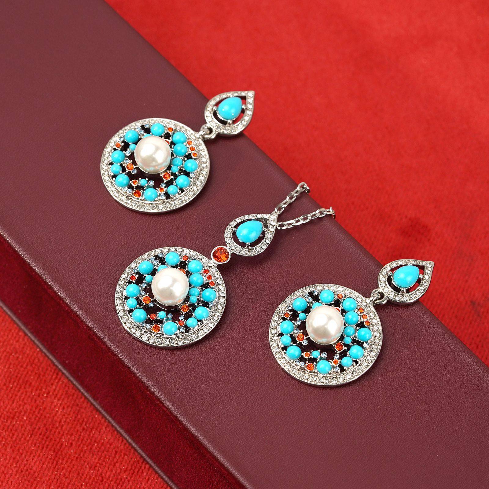 中古宫廷风镶嵌珍珠耳钉项链套装女复古蓝色时尚气质轻奢小众夸张,饰品/流行首饰/时尚饰品新,组合套装,淘宝优惠券,粉丝福利购,淘宝优惠卷