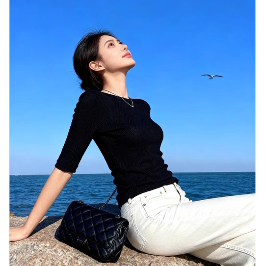 桑蚕丝鱼骨纹中袖女上衣圆领针织短袖T恤女夏季2026新款修身显瘦