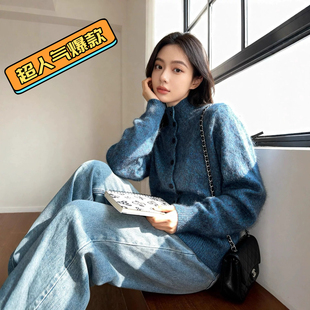 蓝眼泪羊绒拉毛羊毛衫女排扣韩系美拉德系老钱风针织开衫外套立领