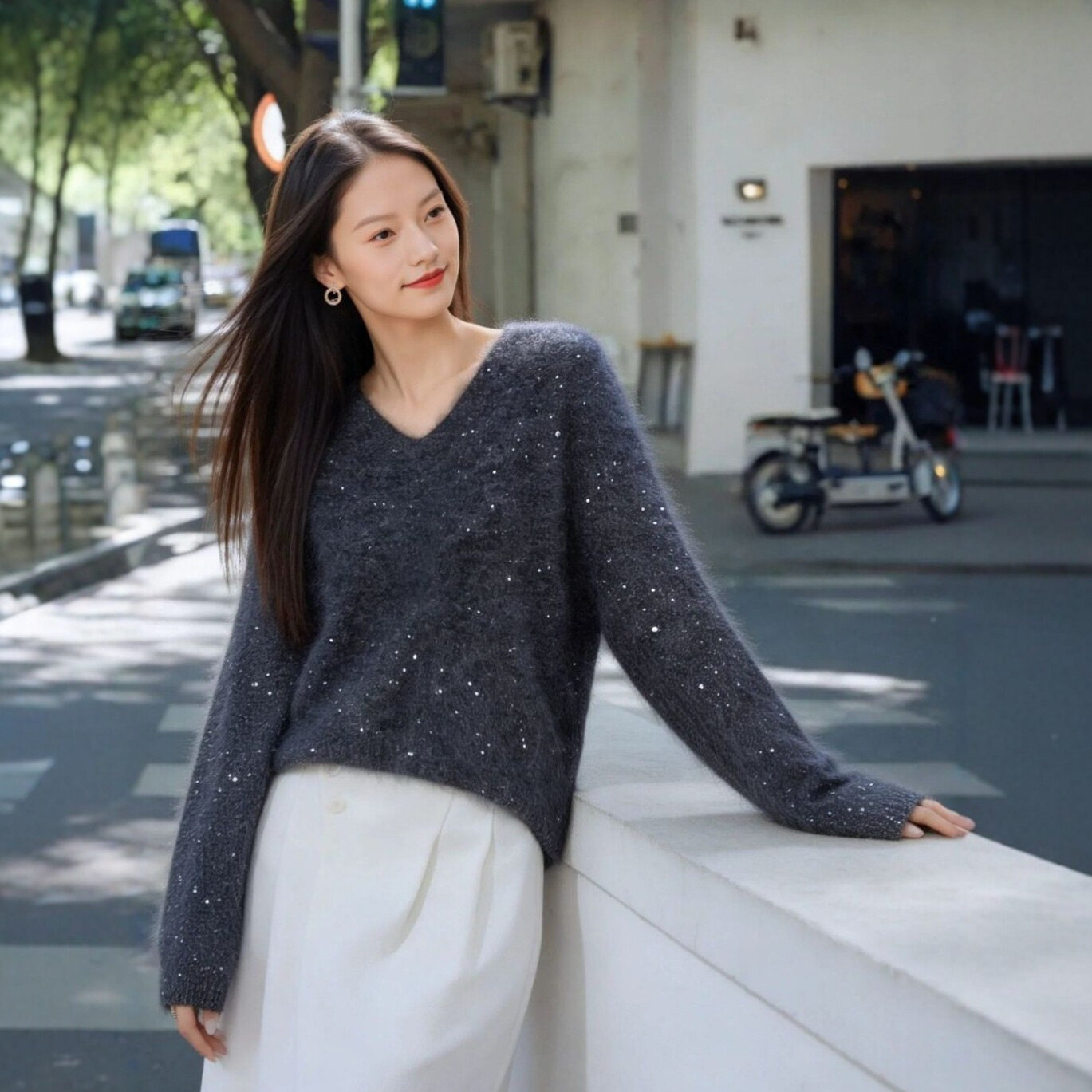 桑蚕丝羊绒羊毛女V领亮片毛衣