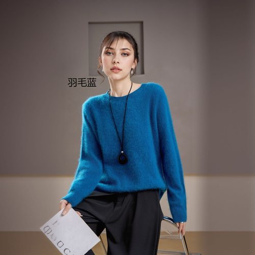 显白巨高级圆领V领宽松拉绒羊毛羊绒衫针织毛衣女显瘦气质款秋冬