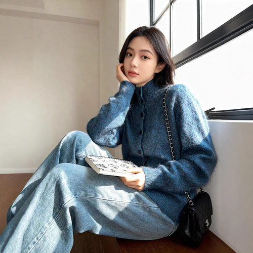 蓝眼泪羊绒拉毛羊毛衫女排扣韩系美拉德系老钱风针织开衫外套立领