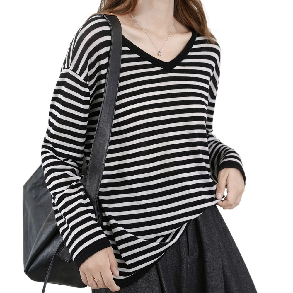 200支100%美丽诺水溶细针织羊毛衫条纹V领春秋长袖女宽松软糯亲肤