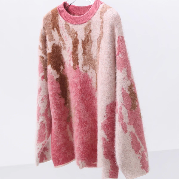 秋冬重工加厚羊毛羊绒拉毛针织衫提花圆领宽松小皮草法式风毛衣女