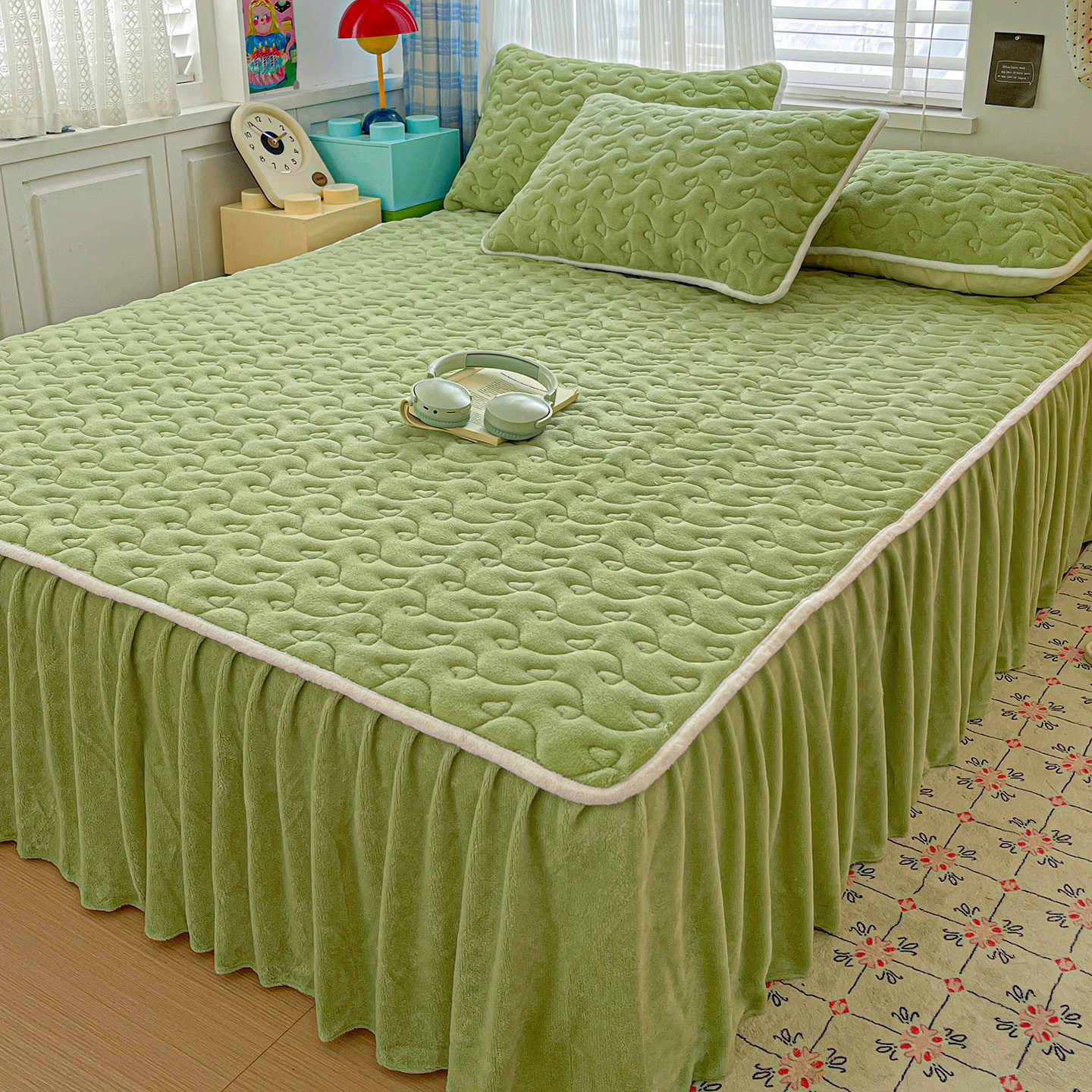 纯色牛奶绒床裙式床罩单件加厚保暖1.8x2.0m床单三件套保护套冬季,床上用品,床裙,淘宝优惠券,粉丝福利购,淘宝优惠卷