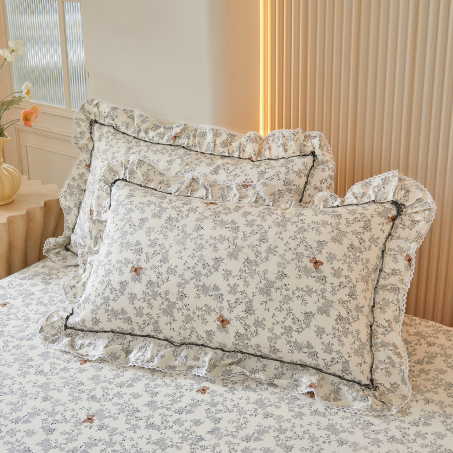 全棉韩版田园小碎花枕头套一对装48x74cm家用公主风荷叶花边枕套