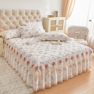 全棉夹棉床裙式 通用 床罩单件田园碎花公主风花边床单床套纯棉四季