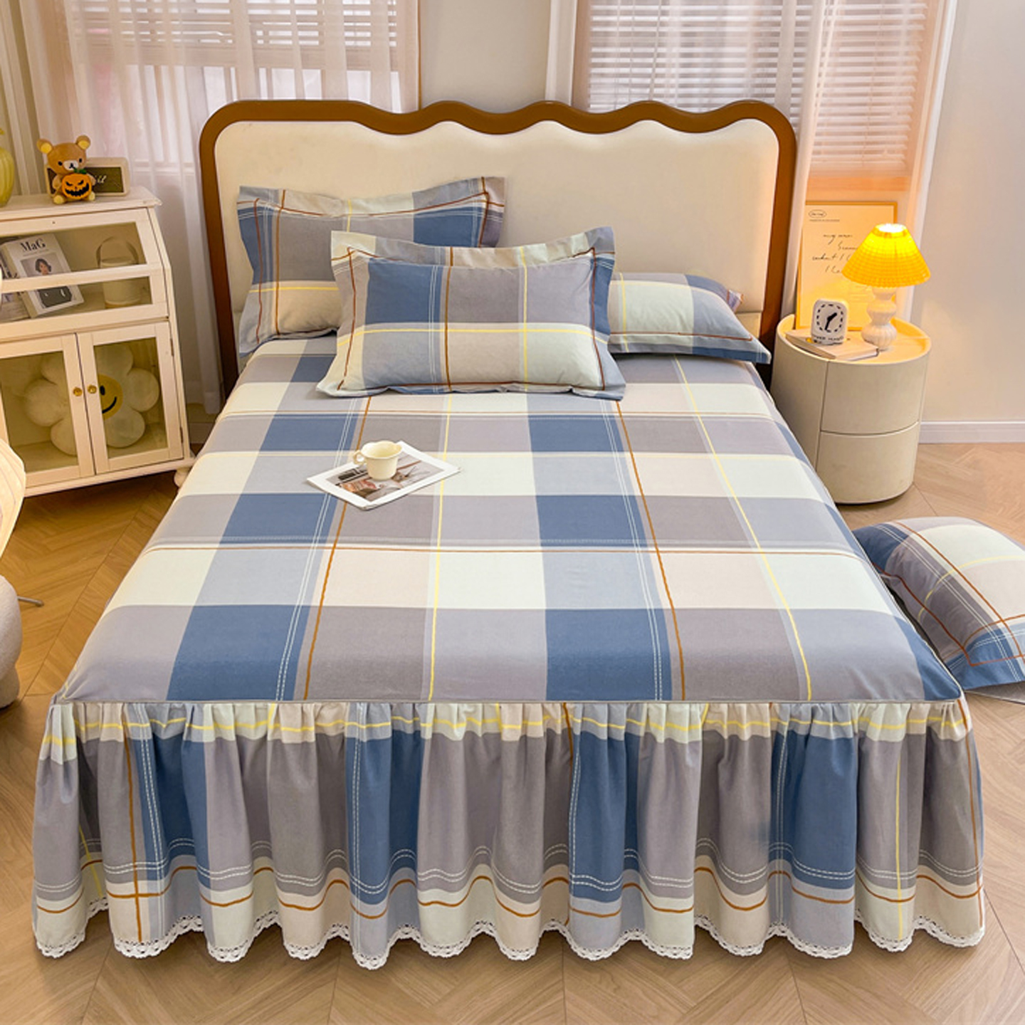 春秋简约加厚全棉磨毛床裙式床罩单件条纹格子床单三件套花边床套
