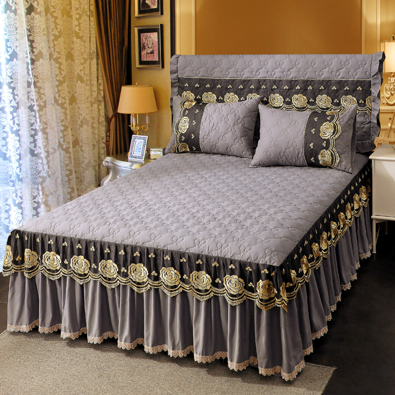 欧式蕾丝花边磨毛夹棉加厚床裙式床罩单件床头罩防滑加棉床垫套