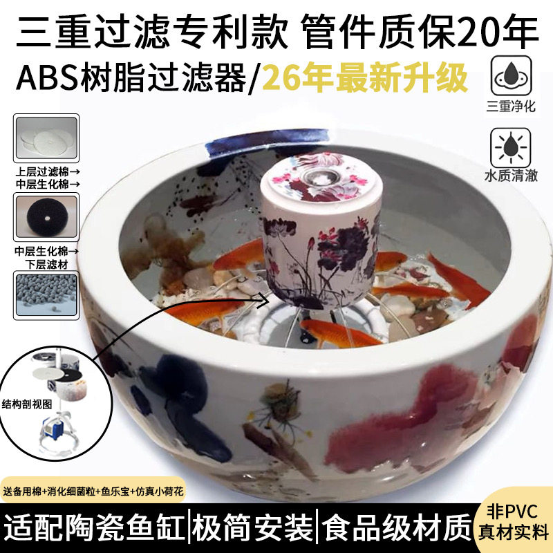 景德镇圆形陶瓷鱼缸 过滤器养鱼流水摆件喷泉加湿增氧塑料过滤器