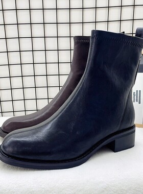 红蜻蜓真皮女靴子冬季新款短筒牛皮靴中跟舒适百搭CD67091011T