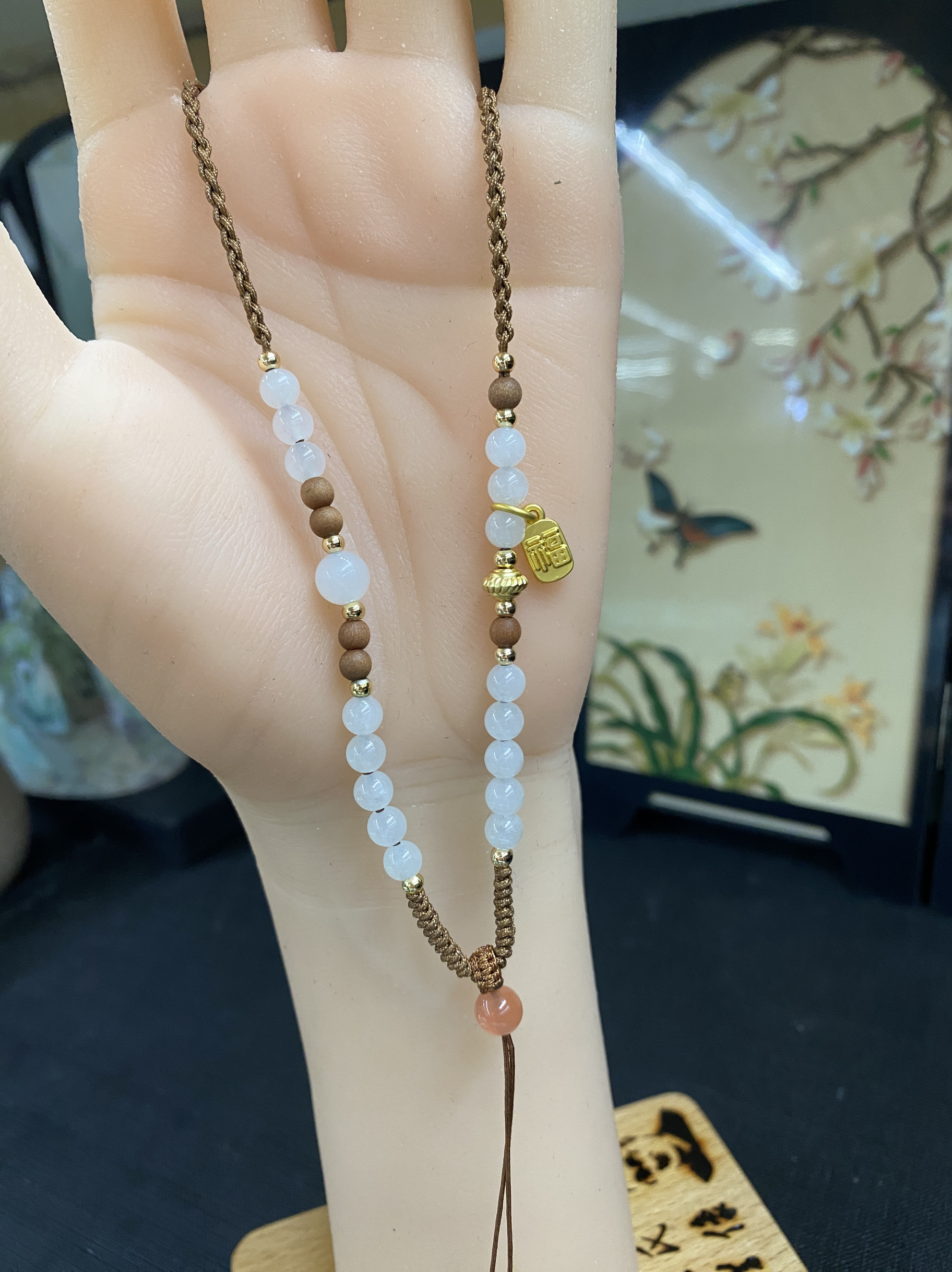 和田玉白玉项链绳女款圆珠挂件绳吊坠绳手工编绳国风新中式礼物