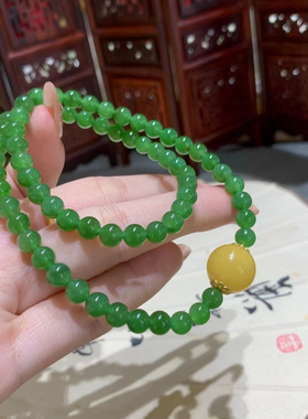新疆直发包邮菠菜绿天然碧玉和田玉手串女款圆珠国风新中式蜜蜡