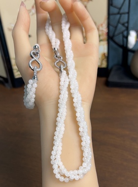 新疆直发正品和田玉白玉手链项链两件套天然玉石珠子麻花链带证书