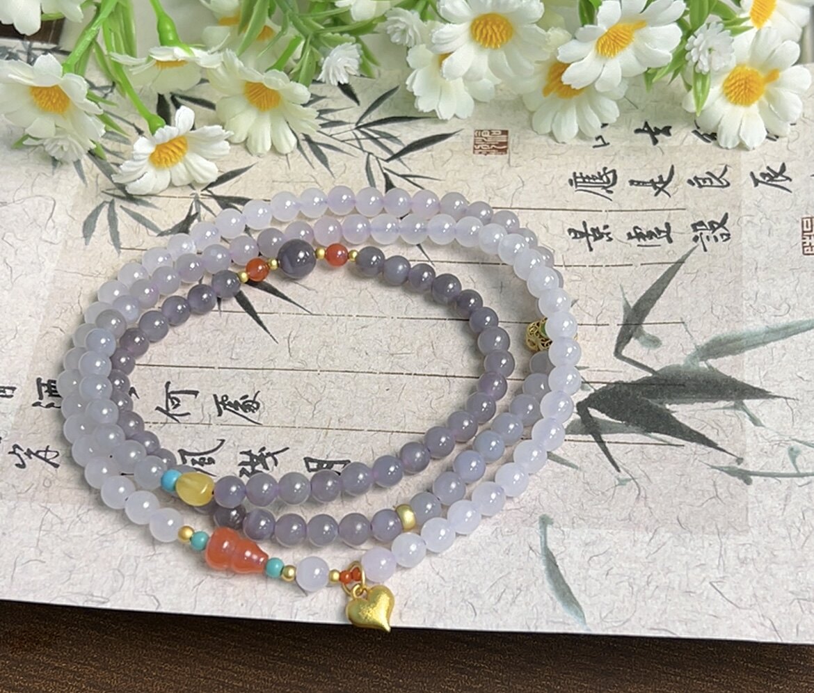 新疆直发正品和田玉四圈手链天然玉石老料烟紫渐变色手串带证书