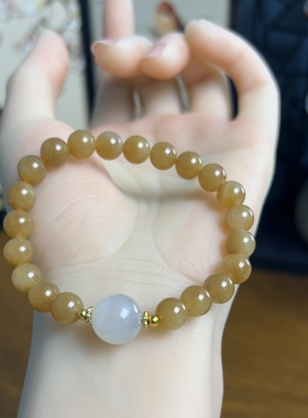 新疆直发正品和田玉且末糖手串天然玉石老料黄糖玉8mm手链带证书