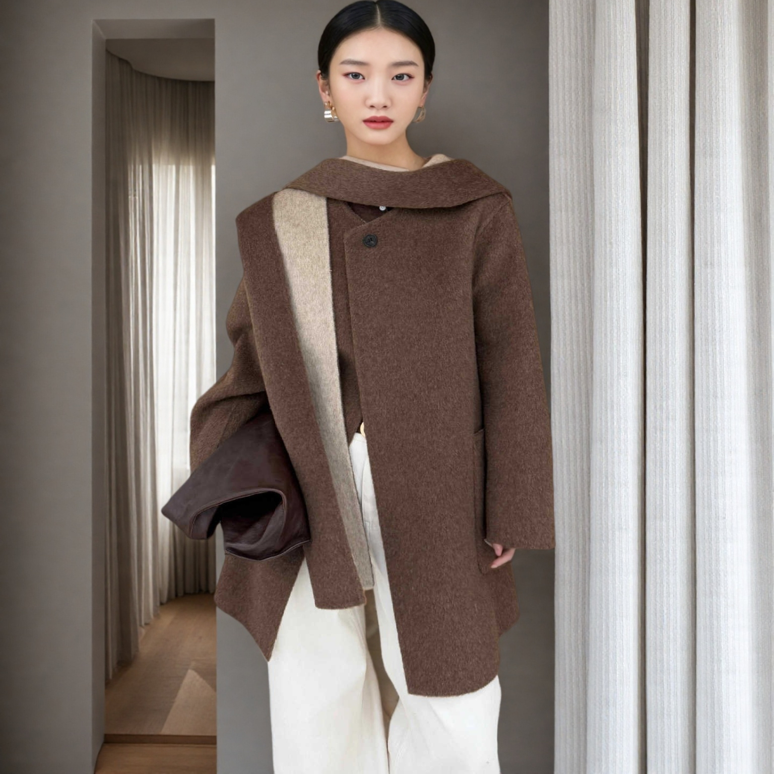 高端连帽可拆卸中长羊毛呢外套