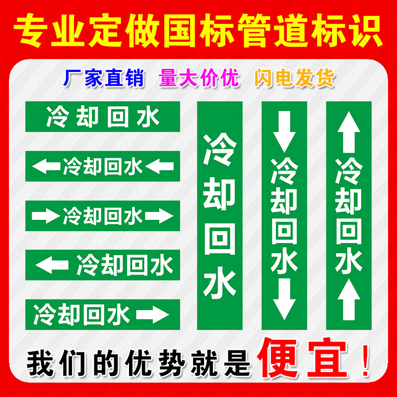 冷却回水国标管道标识贴纸标签化工业消防标示介质流向箭头标识贴