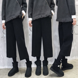 2018韩版毛呢九分阔腿裤女秋冬七分加厚高腰直筒裤宽松显瘦休闲裤