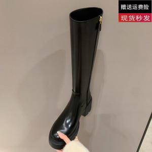 小个子不过膝长靴女2022冬季新款厚底侧拉链高筒靴女长筒骑士靴女