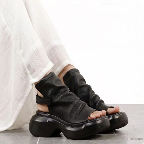 真皮软牛皮厚底露趾罗马凉鞋女