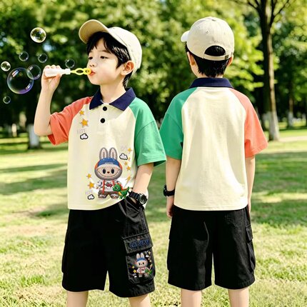 拉布布儿童POLO衫短袖套装夏季男童工装短裤洋气翻领上衣两件套潮