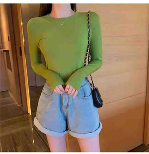 复古姜黄草绿粉紫咖色圆领长袖棉T恤女百搭打底衫修身显瘦上衣秋