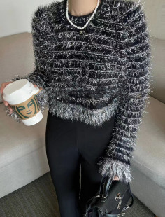 亮丝闪闪小香风圆领长袖流苏针织毛衣淑女甜美短款显瘦毛茸茸上衣
