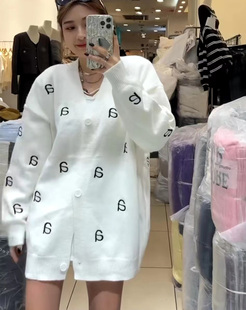復(fù)古刺繡字母V領(lǐng)長袖 外套甜美上衣秋 女中長款 單排扣寬松針織開衫