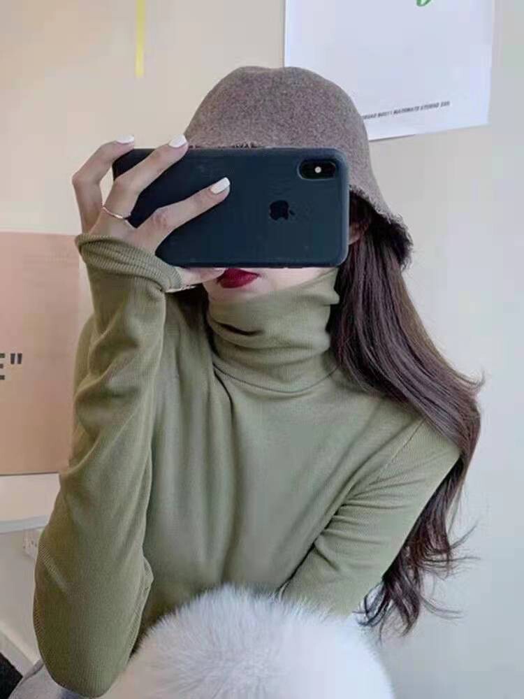 复古草绿姜黄粉紫咖色堆堆高领长袖T恤女弹力打底衫修身上衣秋冬