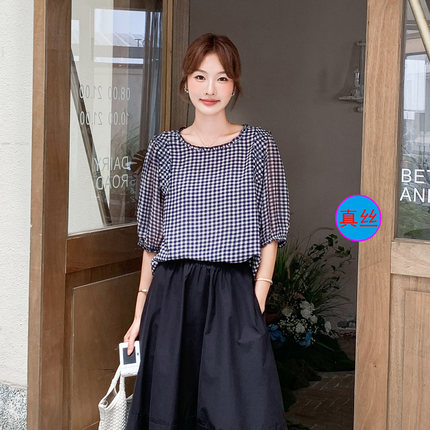 漫沿 真丝格子短袖衬衫女蓝色圆领木耳边泡泡袖小衫上衣宽松显瘦