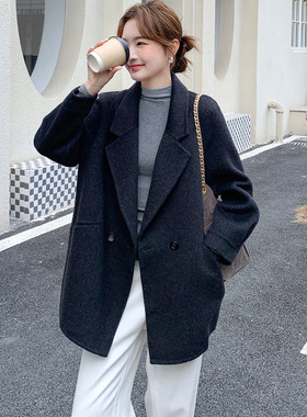 漫沿MANYAN灰色短款羊毛羊绒大衣高级双面呢子正肩毛呢西装外套女