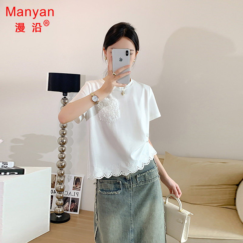 MANYAN圆领短袖t恤女夏新款刺绣重工欧韩货短款高端上衣纯棉白色