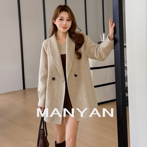 漫沿MANYAN人字纹羊驼绒短款外套