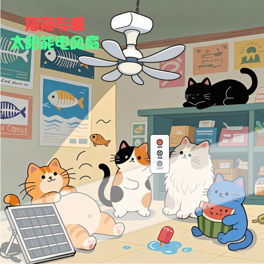 夏日猫猫专属太阳能风扇灯柔风安全无噪音可usb充电降温避暑吊扇