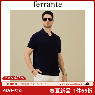 Ferrante/费兰特意式复古优雅海鸥领针织随性男士短袖T恤7049-54