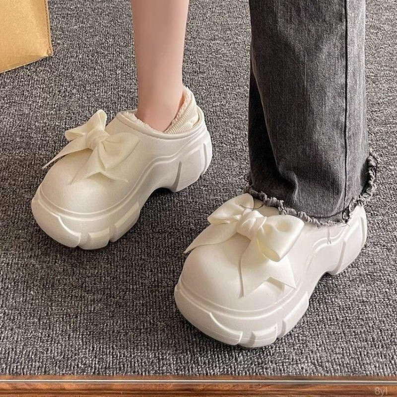 仙女风松糕厚底棉鞋女冬季防水外穿可爱蝴蝶结包跟加绒防滑棉拖鞋