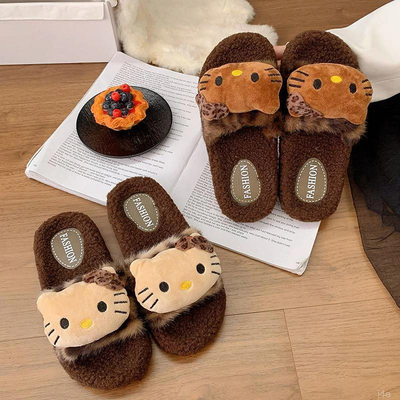 可爱kitty豹纹毛毛拖鞋女生秋冬季外穿保暖家居棉拖鞋防滑一字拖