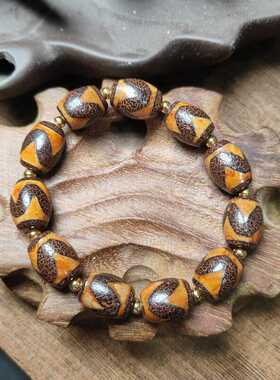 原创藏式橘皮开片龙鳞纹真玛瑙虎牙天珠玉髓手串招聚财手链男女款