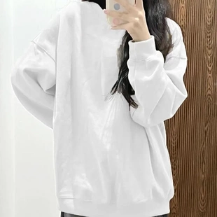 女圆领宽松情侣卫衣潮牌港风黑白同款T恤长袖百搭上衣2025外穿