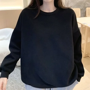 女长袖百搭黑白外穿T恤同款卫衣2025港风上衣宽松潮牌情侣圆领