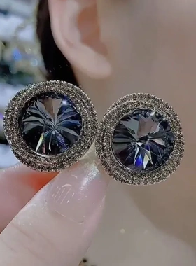 银针灰水晶耳钉新款潮网红百搭超闪个性高级感轻奢耳饰耳环