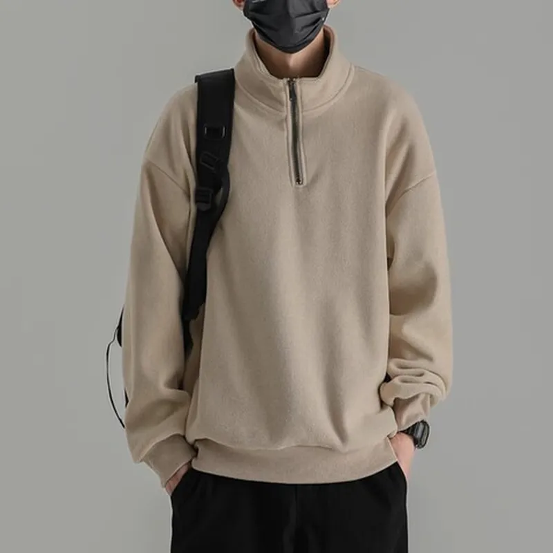 卫衣日系上衣男春秋季半拉链双面绒外衣奥厚外套复古粒绒立领纯色