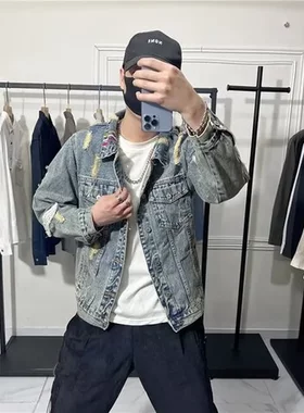 夹克街头刺绣ins欧美牛仔外套潮牌国潮休闲虎头上衣服破洞男宽松