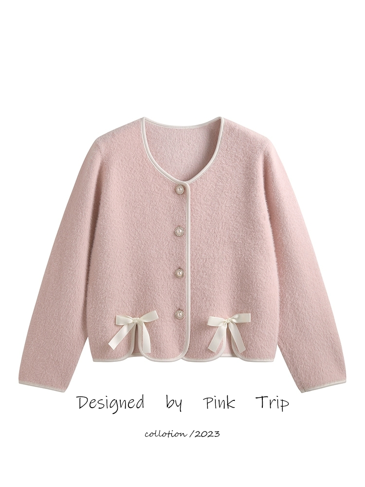 甜美淑女风水貂绒外套别致上衣女2025秋冬新款粉色蝴蝶结针织开衫